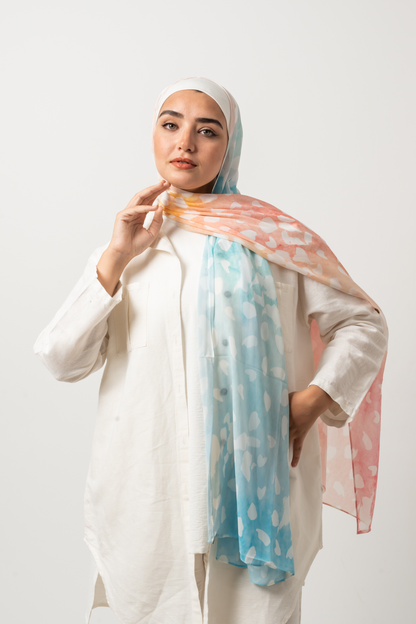 Peach & Blue Side Panel Chiffon Scarf