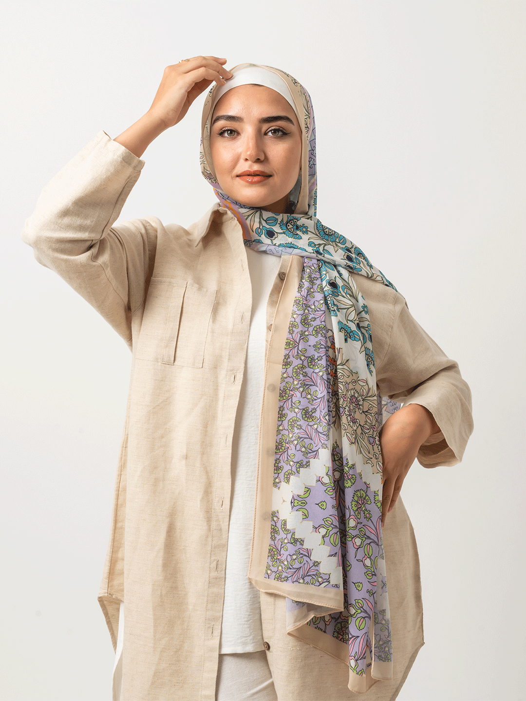 Beige Field Border Chiffon Scarf